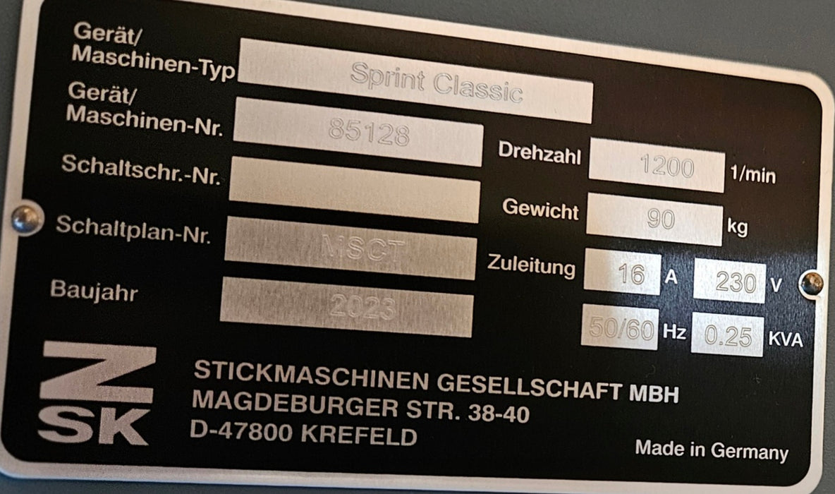 Used - 2023 ZSK Sprint Classic Embroidery Machine - $12,500