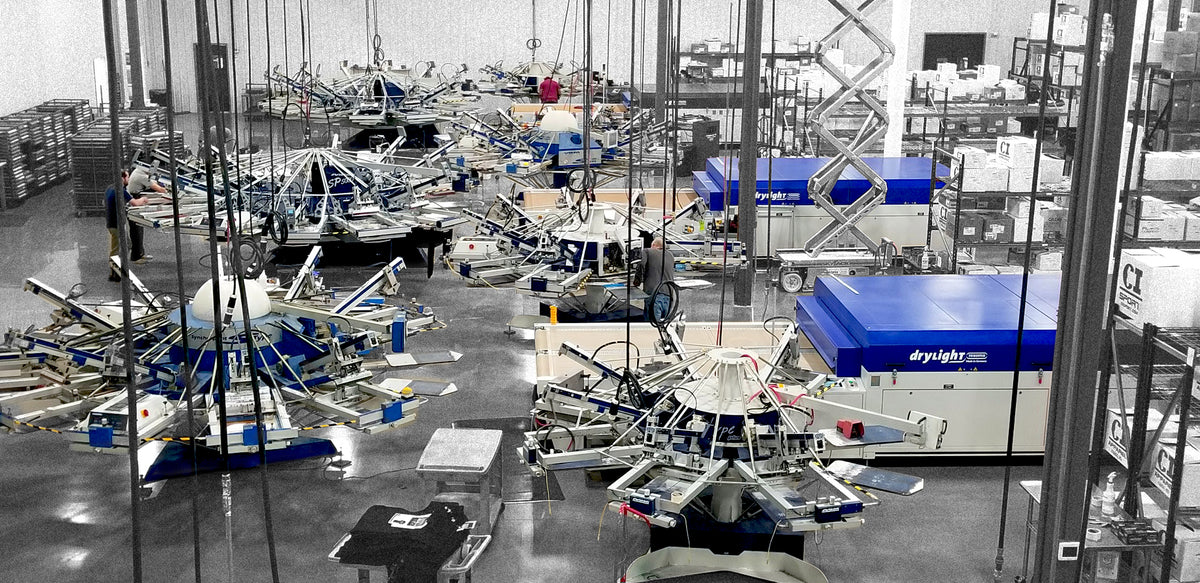 Automatic screen printing presses on a customer's production floor
